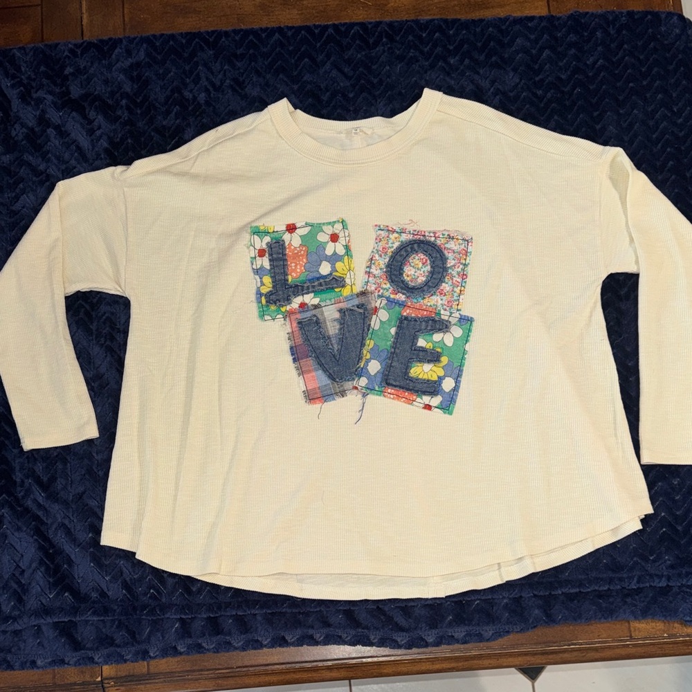 Easel Cream Long Sleeve Love Patchwork Tee